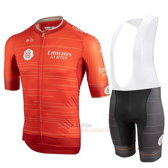 Castelli UAE Tour Kurzarmtrikot 2019 und Kurze Tragerhose Orange